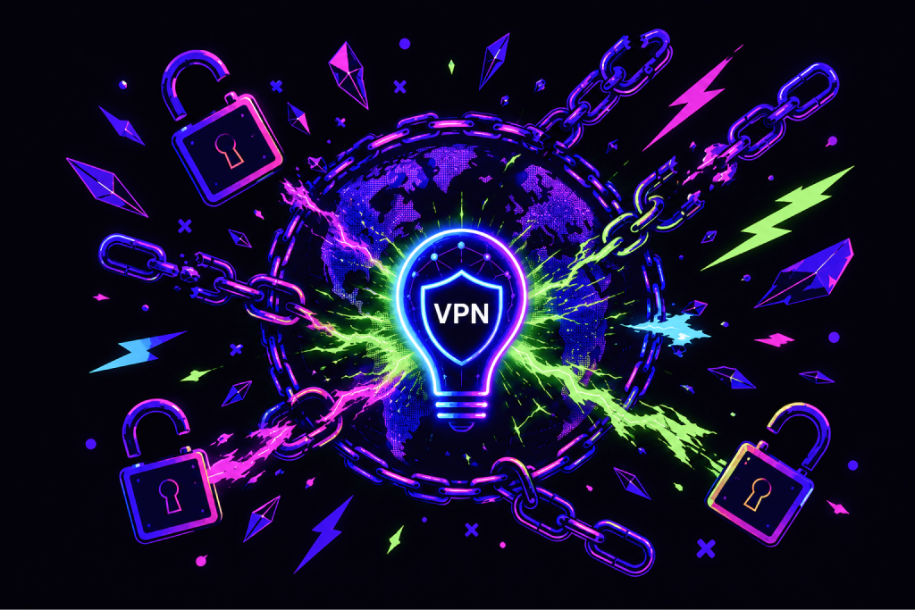 Иллюстрация: лампочка-VPN в окружении замков и щитов